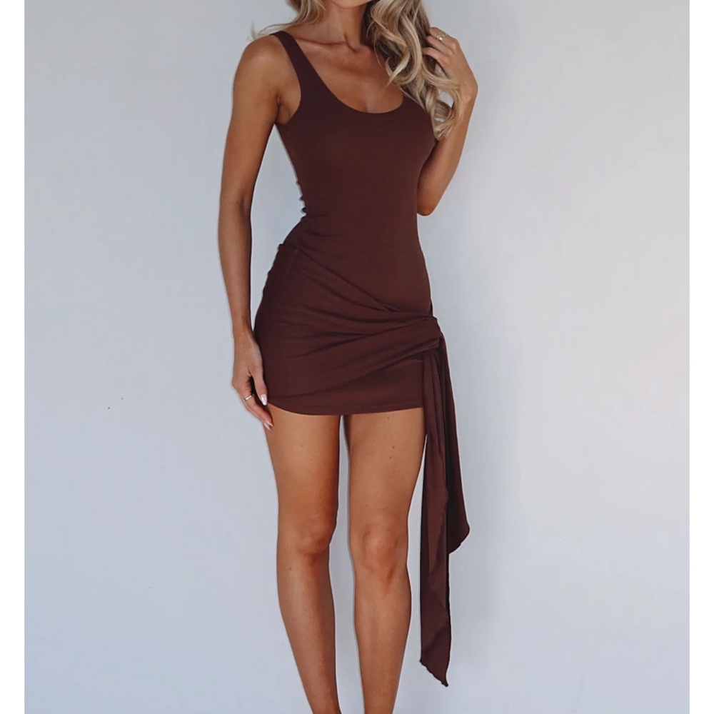White Fox Boutique Brown Mini Tank Dress with Side Drape
